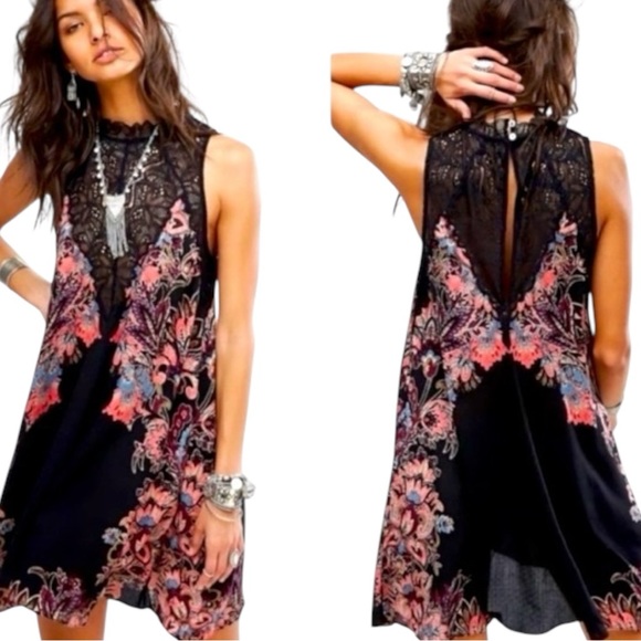 Free People NWT Marsha Black floral Paisley Print Lace Slip Dress Size Small - Picture 1 of 7